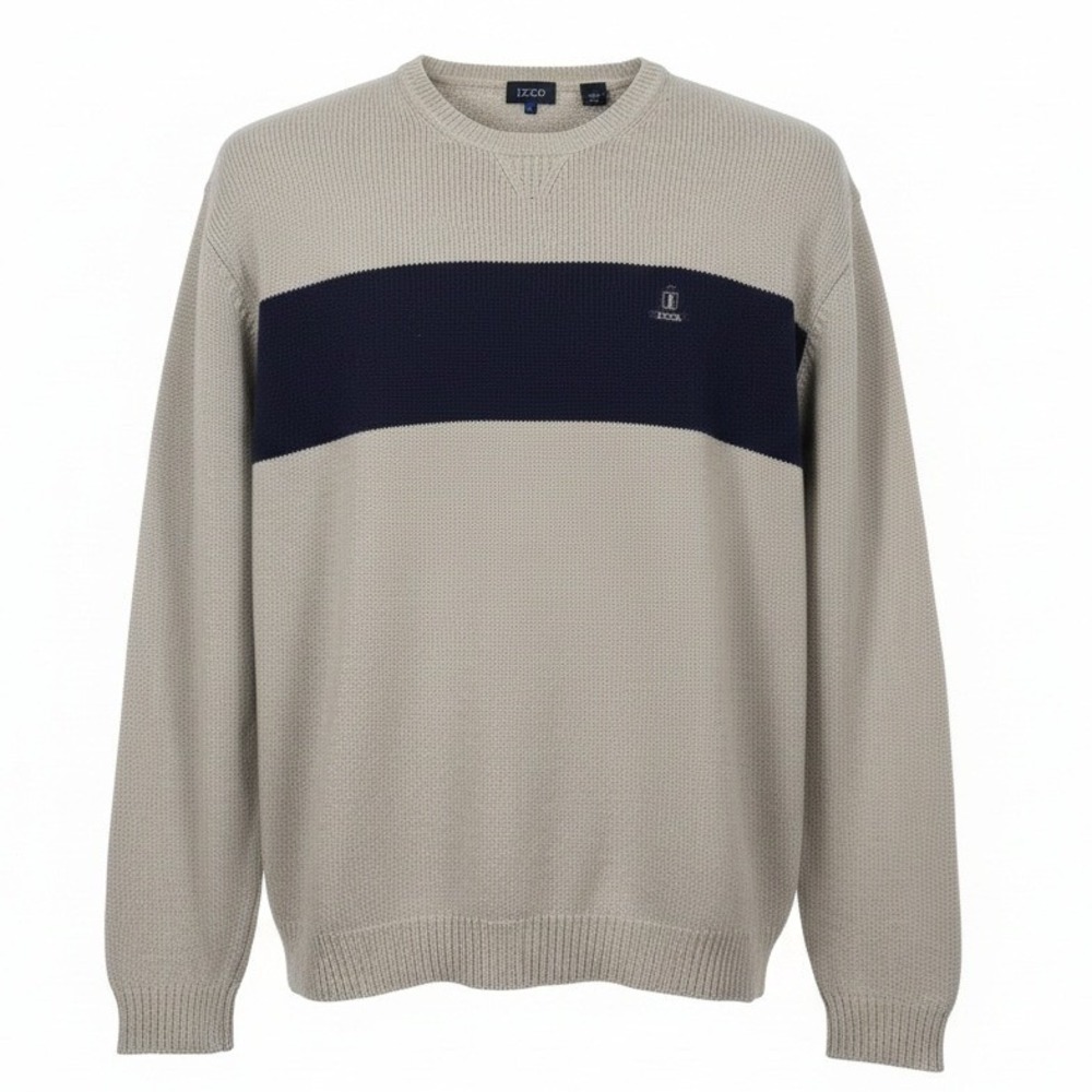 IZOD Mens XL Cotton‎ Crewneck Sweater Beige Navy Blue Striped Colorblock Logo